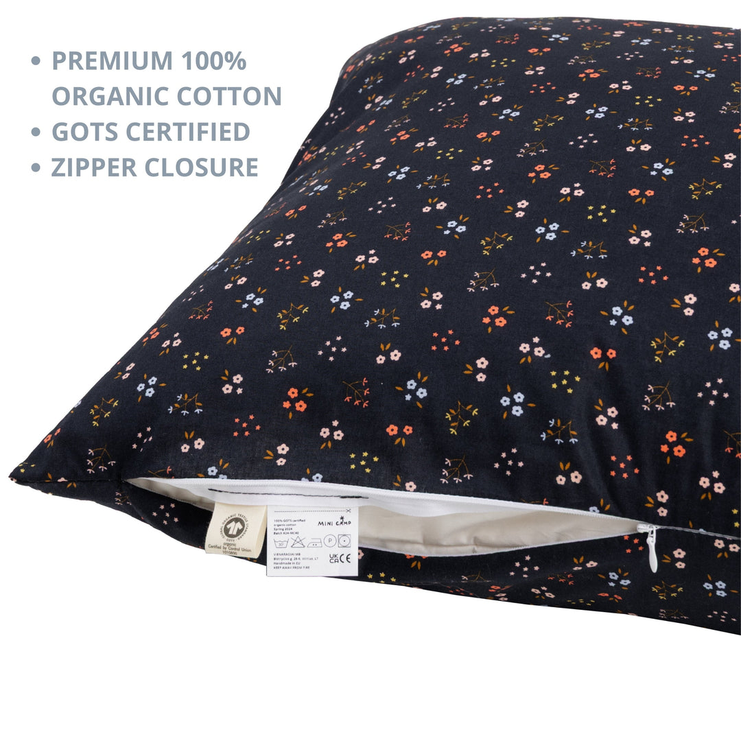 MINICAMP Long Maternity and Lumbar Support Pillow, navy blue floral organic cotton cover, product photograph