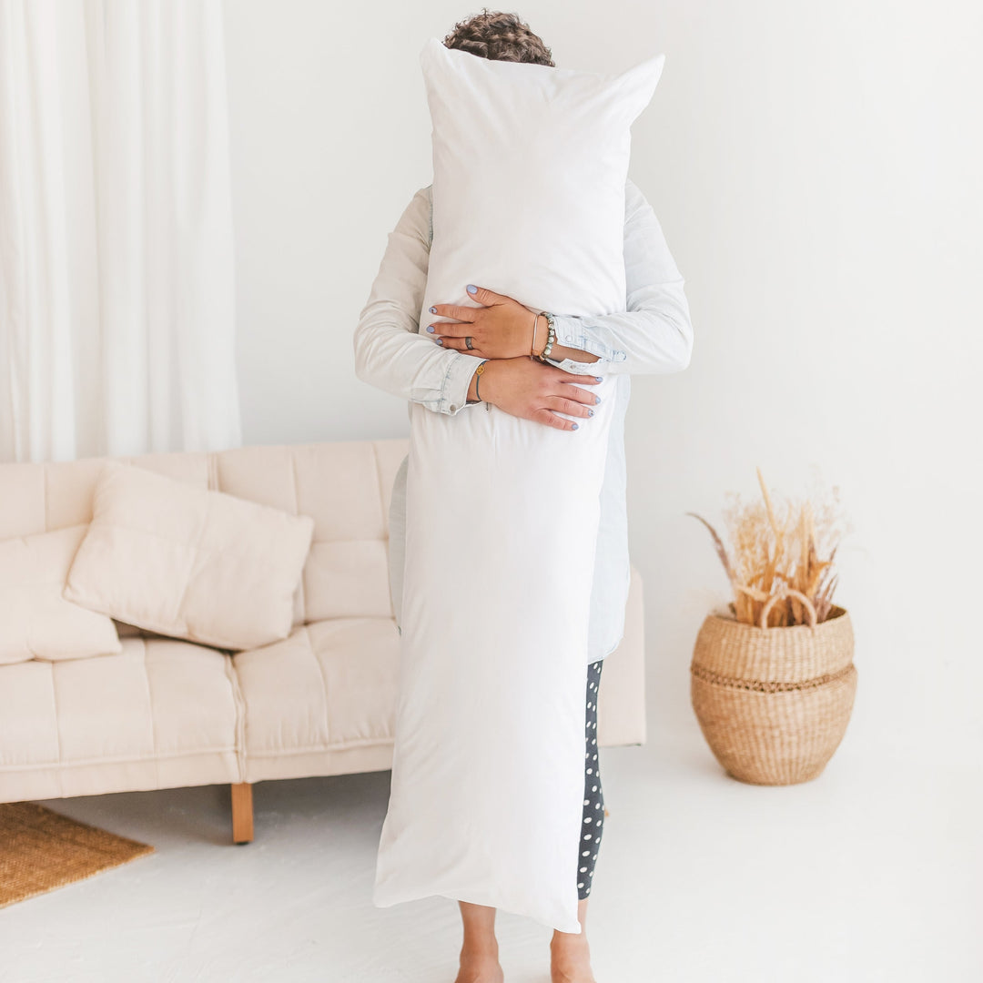 MINICAMP Full Body Maternity Pillow, white organic cotton cover, product photograph