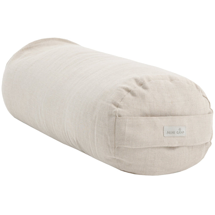 MINICAMP Yoga Bolster Meditation Cushion in Natural Color, 100% linen round bolster with woven MINICAMP label