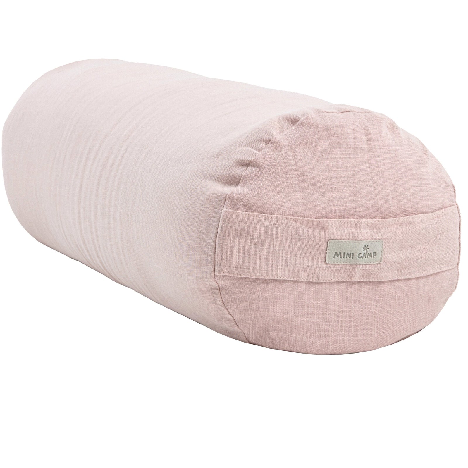 MINICAMP Yoga Bolster Meditation Cushion in Dusty Pink, 100% linen round bolster with woven MINICAMP label