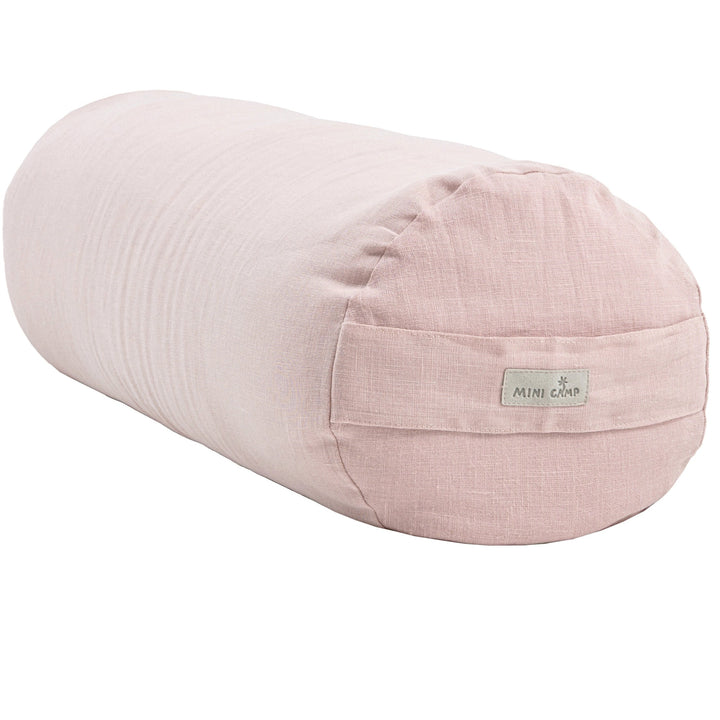 MINICAMP Yoga Bolster Meditation Cushion in Dusty Pink, 100% linen round bolster with woven MINICAMP label