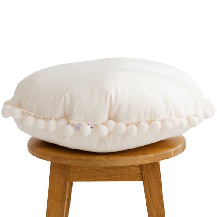MINICAMP Throw Pillow in Ecru with Pompom Trim
