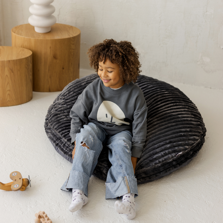 MINICAMP dark grey corduroy floor cushion, side view