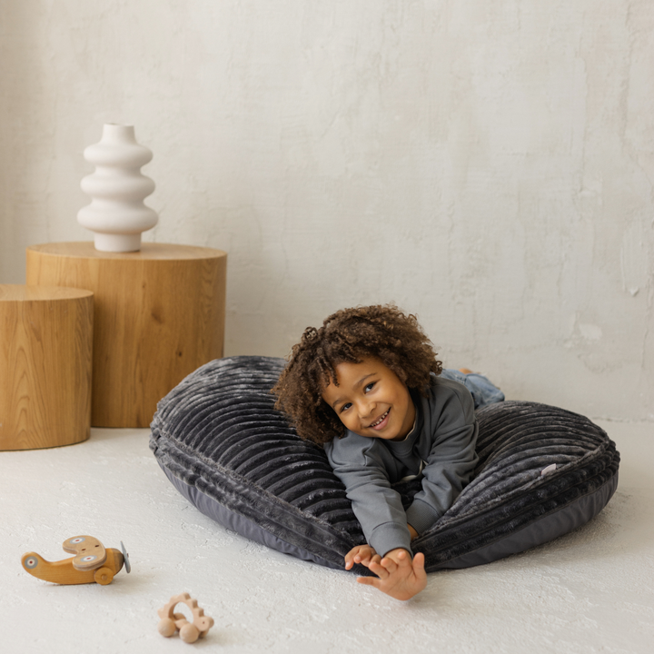MINICAMP dark grey corduroy floor cushion, detail view
