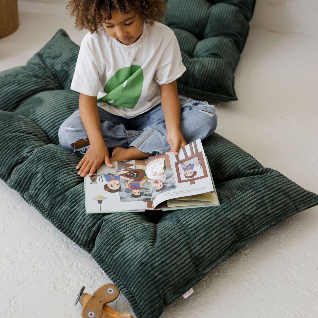 MINICAMP tufted corduroy floor cushion in petrol green, shown from a different angle