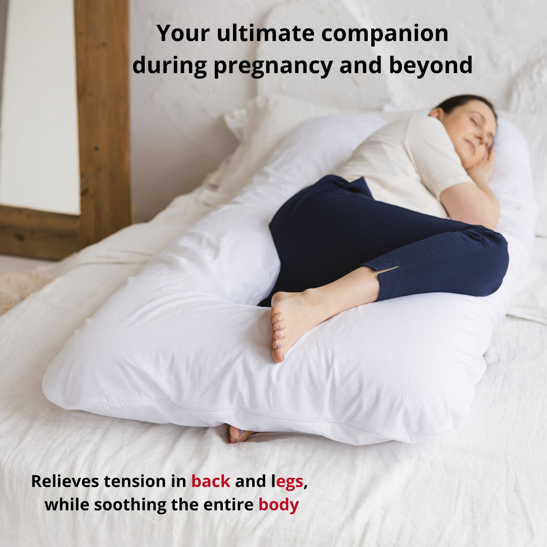 MINICAMP U-shaped body pillow in white, organic cotton cover, side view