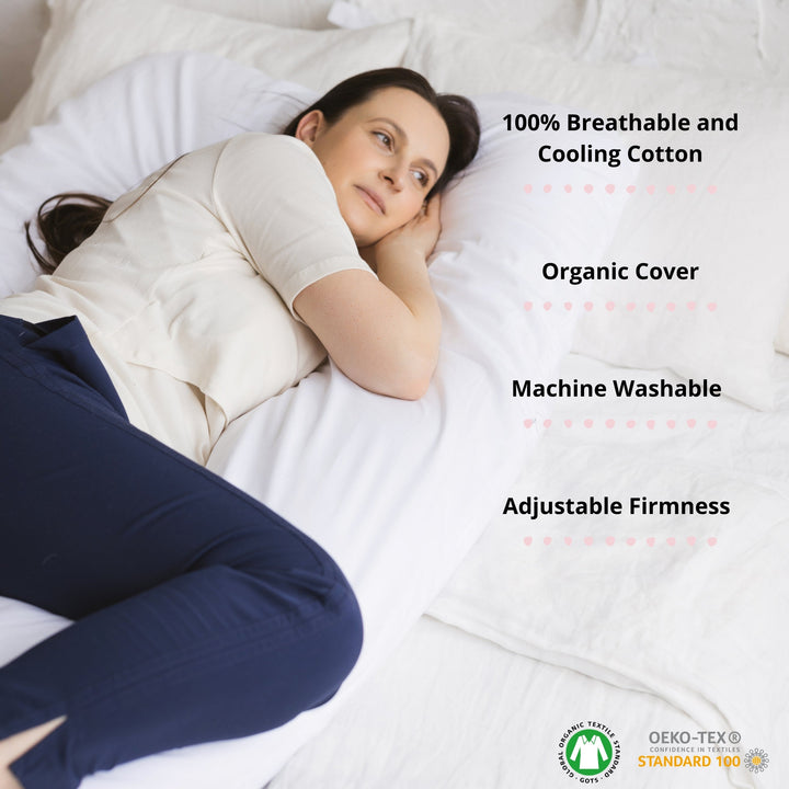 MINICAMP U-shaped body pillow in white, organic cotton cover, detail view