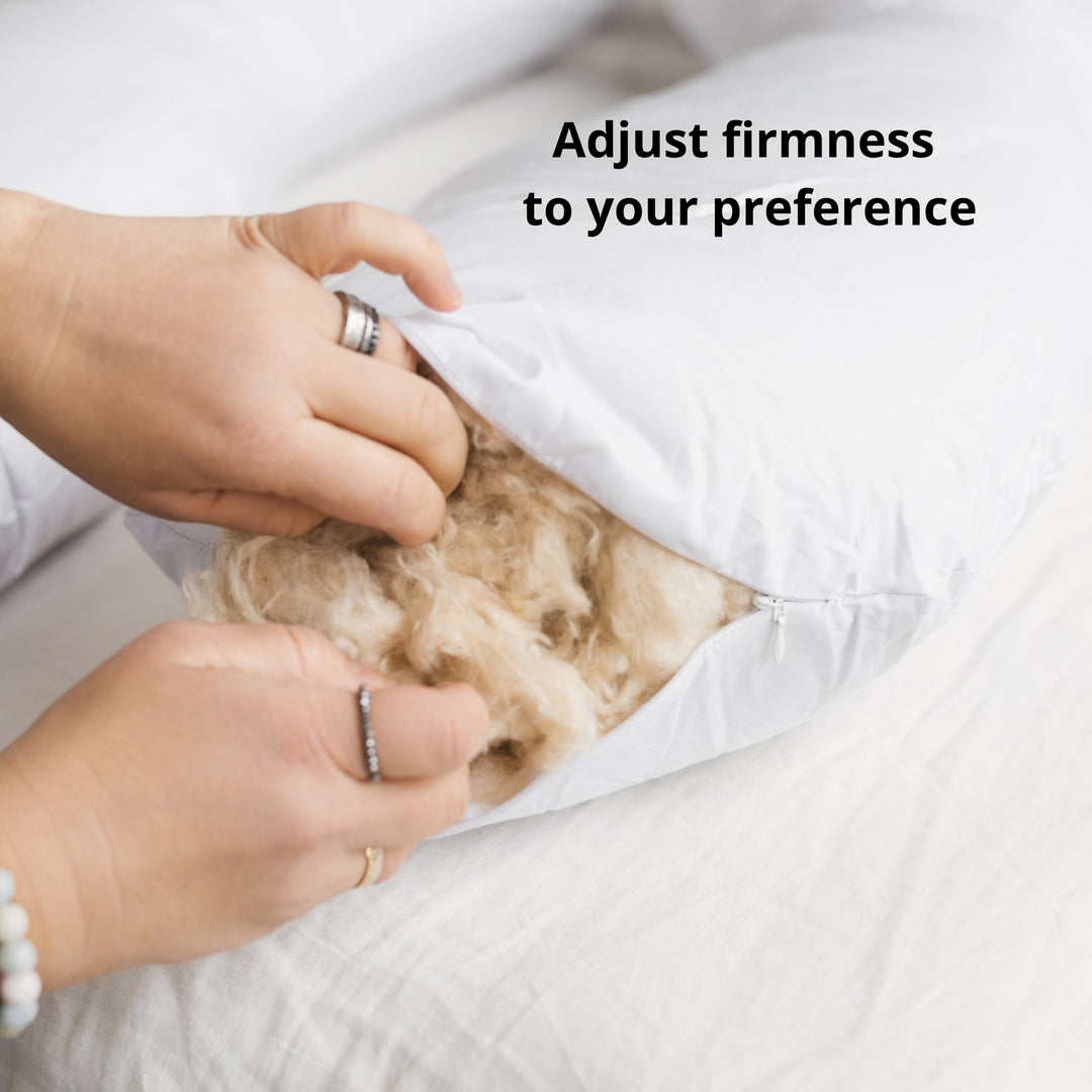 MINICAMP U-shaped body pillow in white, organic cotton cover, close-up view