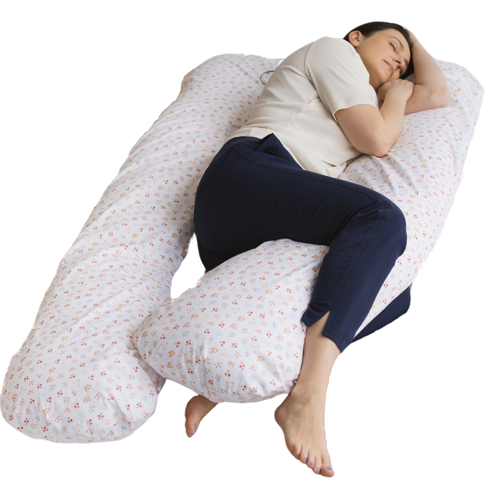 MINICAMP U-shaped maternity pillow in milk white, organic cotton cover, full pillow view