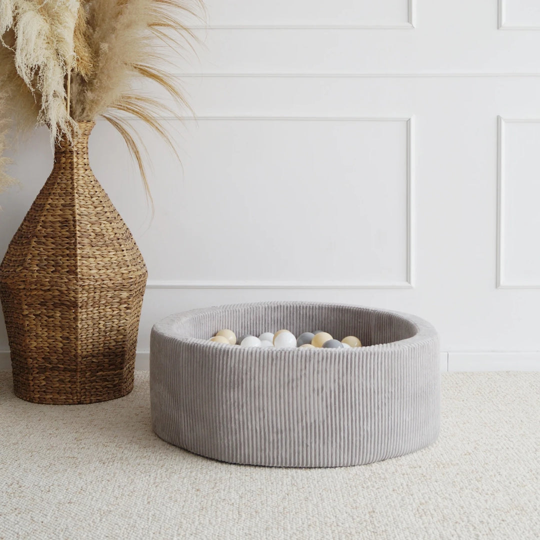 Monio for Kids Grey Corduroy Round Ball Pit — hero product image showing grey ribbed corduroy texture