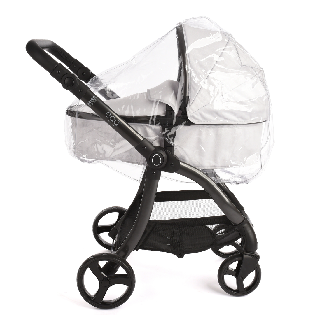Roma Egg® Dolls Pram in Houndstooth Silver with rain cover fitted, close view