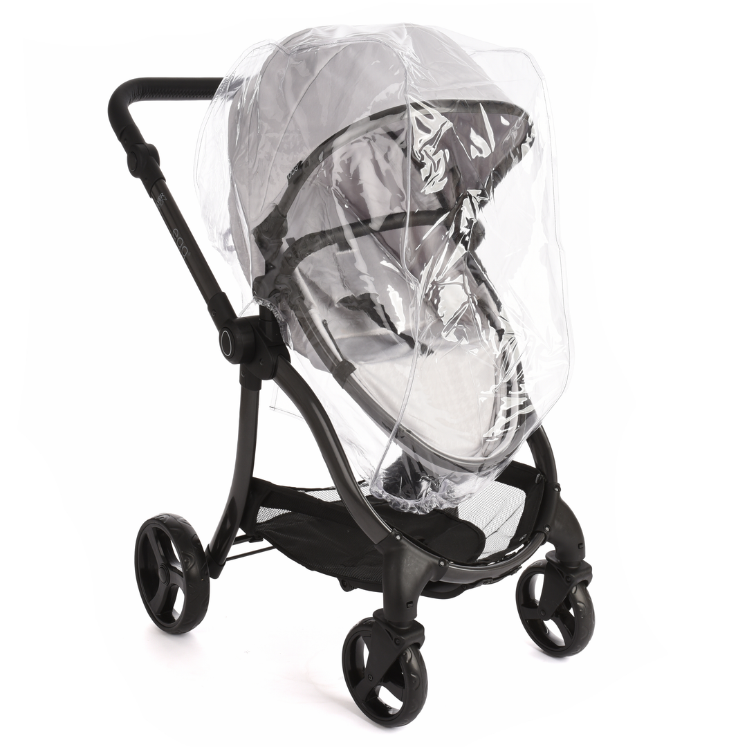Roma Egg® Dolls Pram in Houndstooth Silver fitted with the clear PVC rain cover