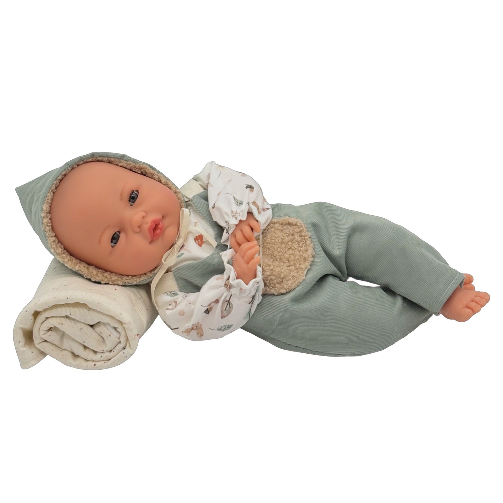Roma Fern Doll, 37cm, dressed in green botanical print with fur blanket