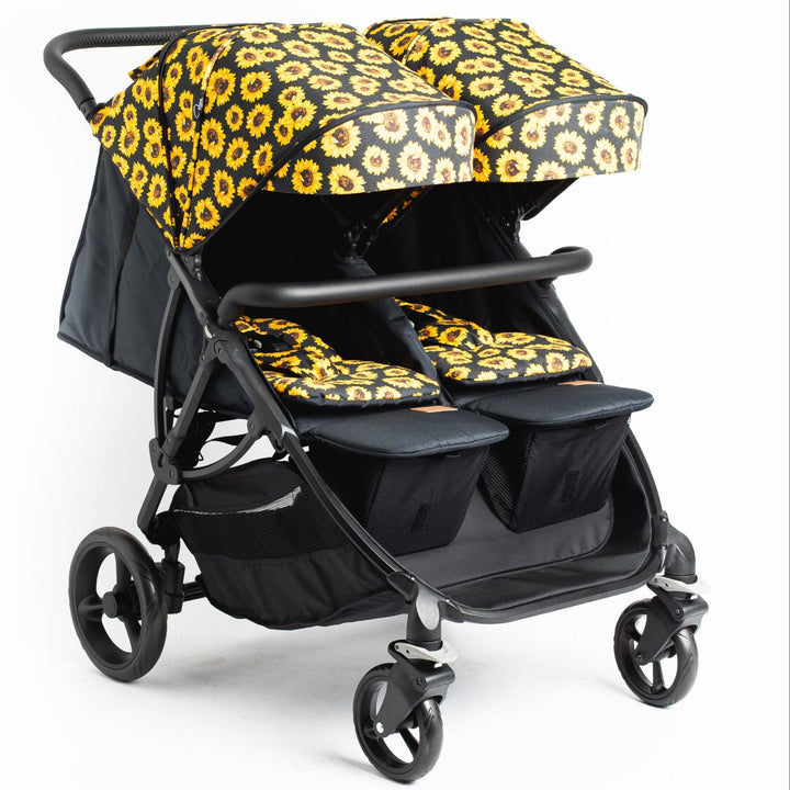 Roma Gemini 2 double pushchair in Sunflower, hero view showing both lie-flat seat units