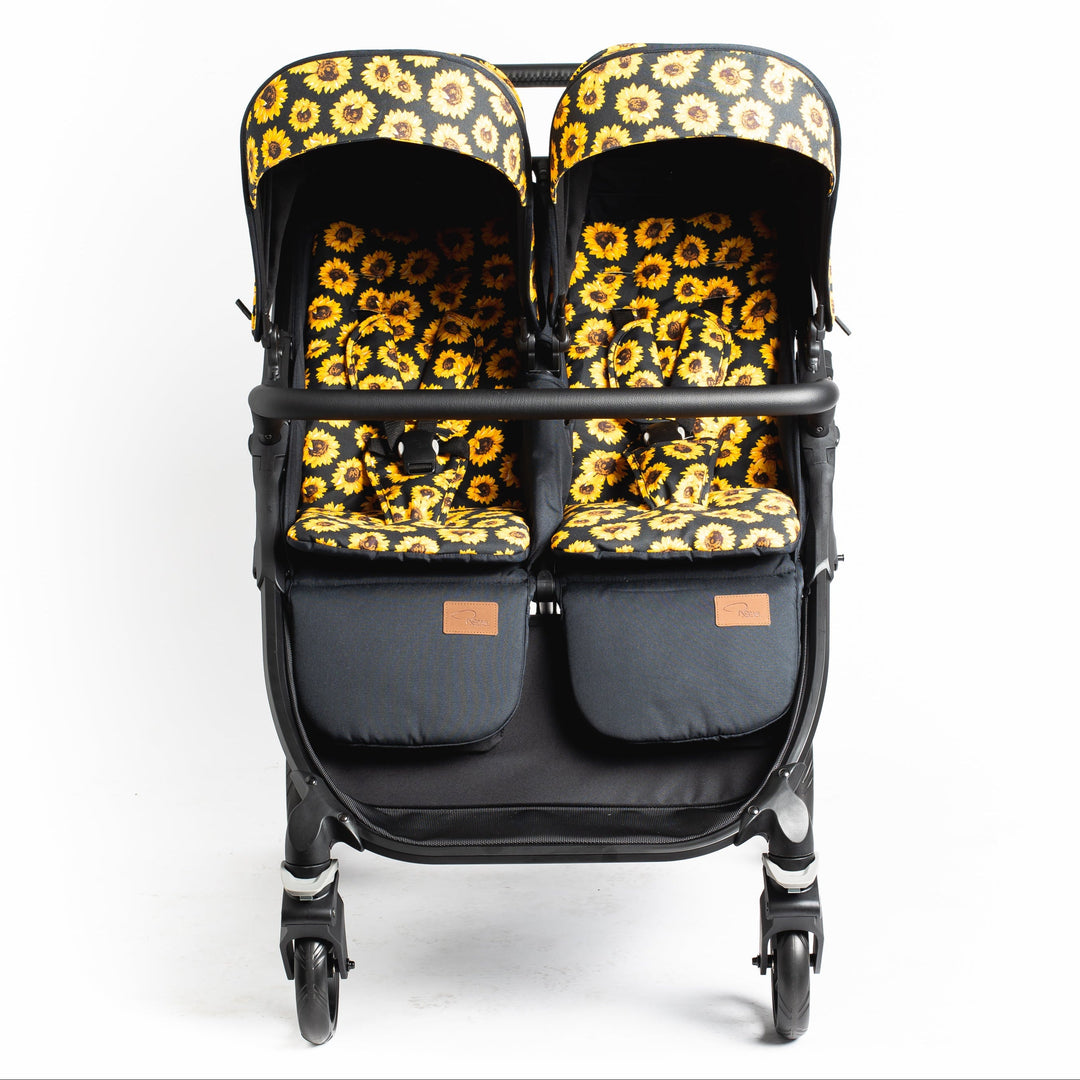 Roma Gemini 2 double pushchair in Sunflower, front view of both seats