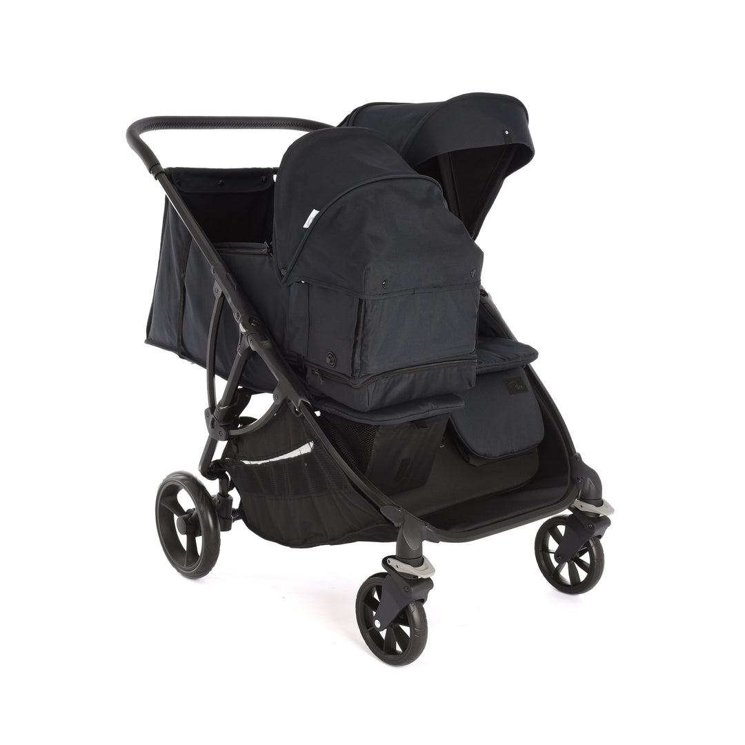 Roma Gemini 2 double pushchair in Jet Black fitted with carry cot