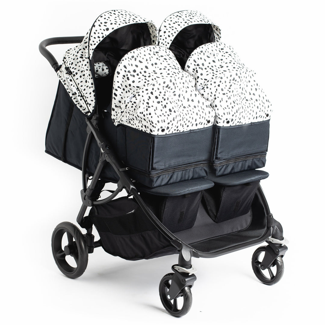 Roma Gemini 2 double pushchair in Dalmatian fitted with two carry cots for twins