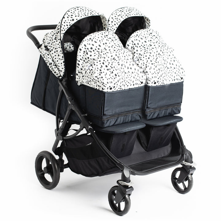 Roma Gemini 2 double pushchair in Dalmatian fitted with two carry cots for twins