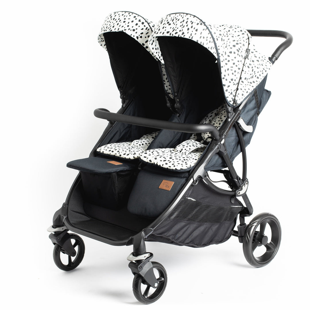 Roma Gemini 2 double pushchair in Dalmatian, leg rest raised