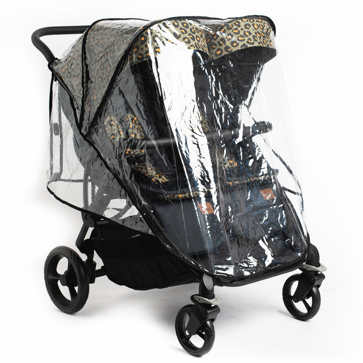 Roma Gemini 2 double pushchair in Khaki Leopard with rain cover fitted
