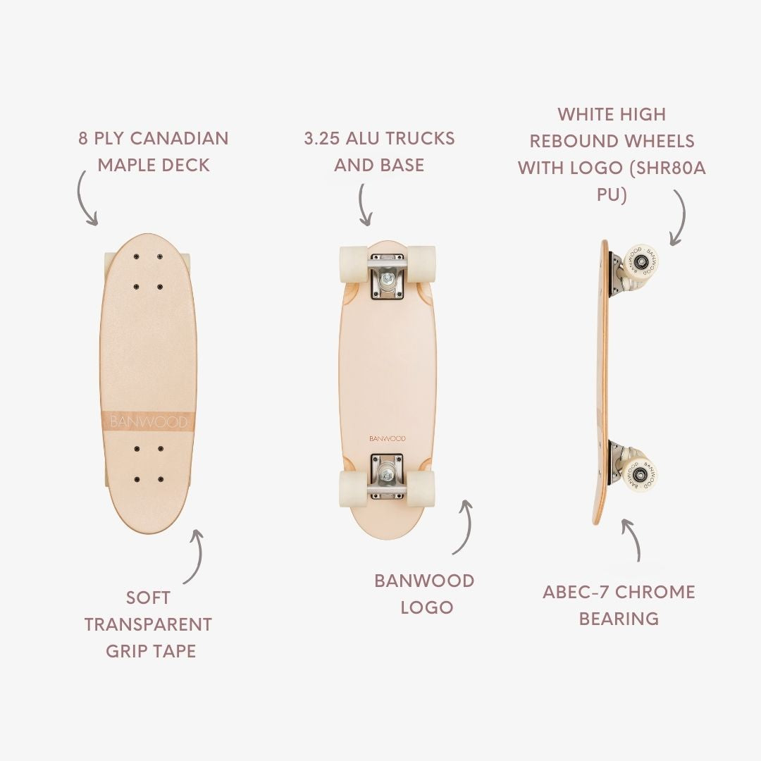 Banwood skateboard specifications diagram labelling maple deck, aluminium trucks and wheels