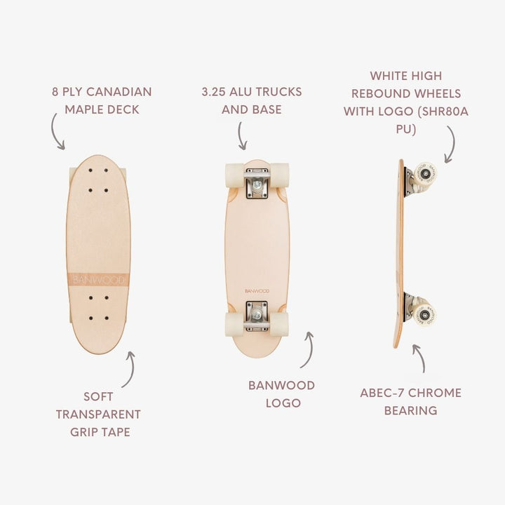 Banwood skateboard specifications diagram labelling maple deck, aluminium trucks and wheels