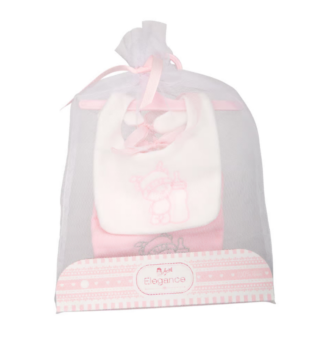 Arias set of two pink and white doll bibs with embroidered teddy design, packaged in an Elegance mesh gift bag