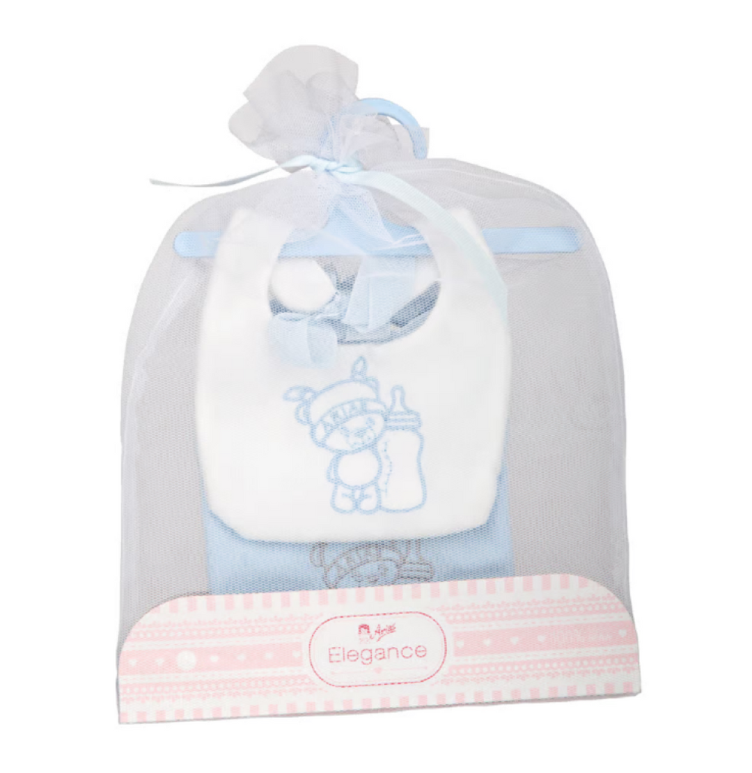 Arias set of two blue and white doll bibs with embroidered teddy design, packaged in an Elegance mesh gift bag