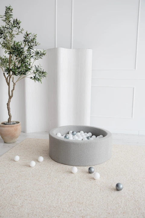 Monio for Kids Grey Boucle Round Ball Pit — product image showing grey boucle ball pit