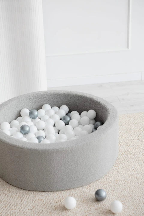 Monio for Kids Grey Boucle Round Ball Pit — lifestyle image in nursery setting