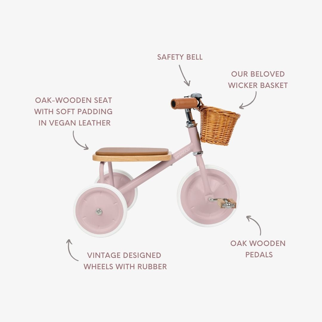 Labelled diagram showing trike features: safety bell, wicker basket, oak seat, pedals, Banwood