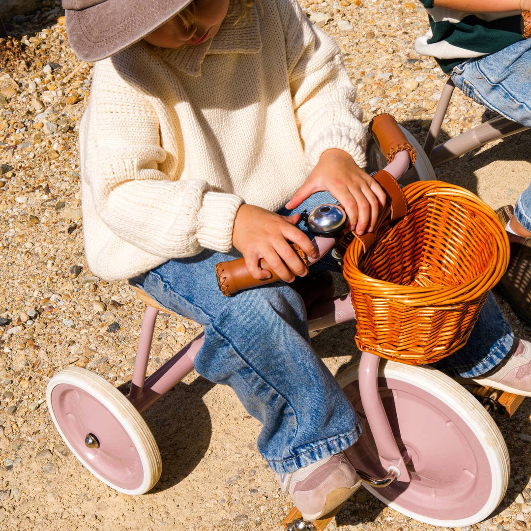 Overhead detail of dusty pink front wheel with white rim and wicker basket, Banwood