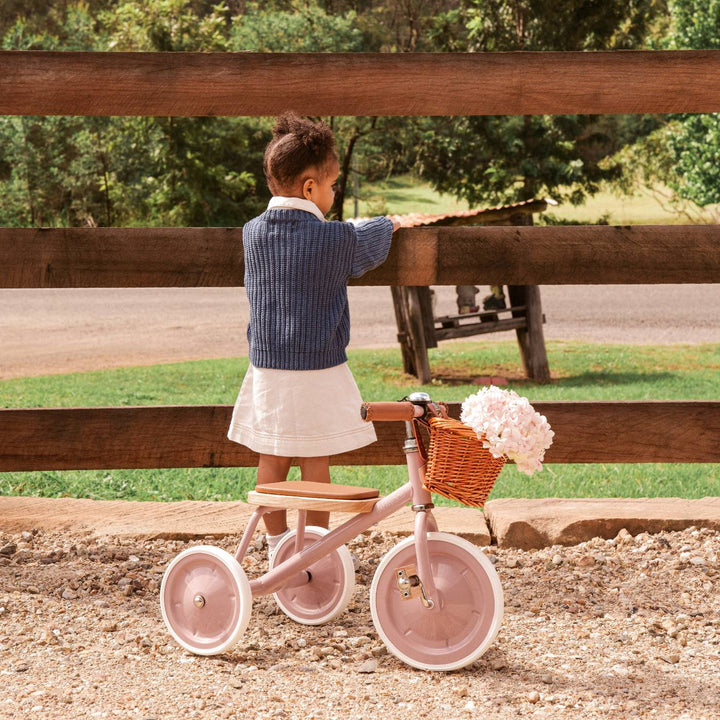 Child riding dusty pink trike on gravel with flowers in basket, outdoor garden setting