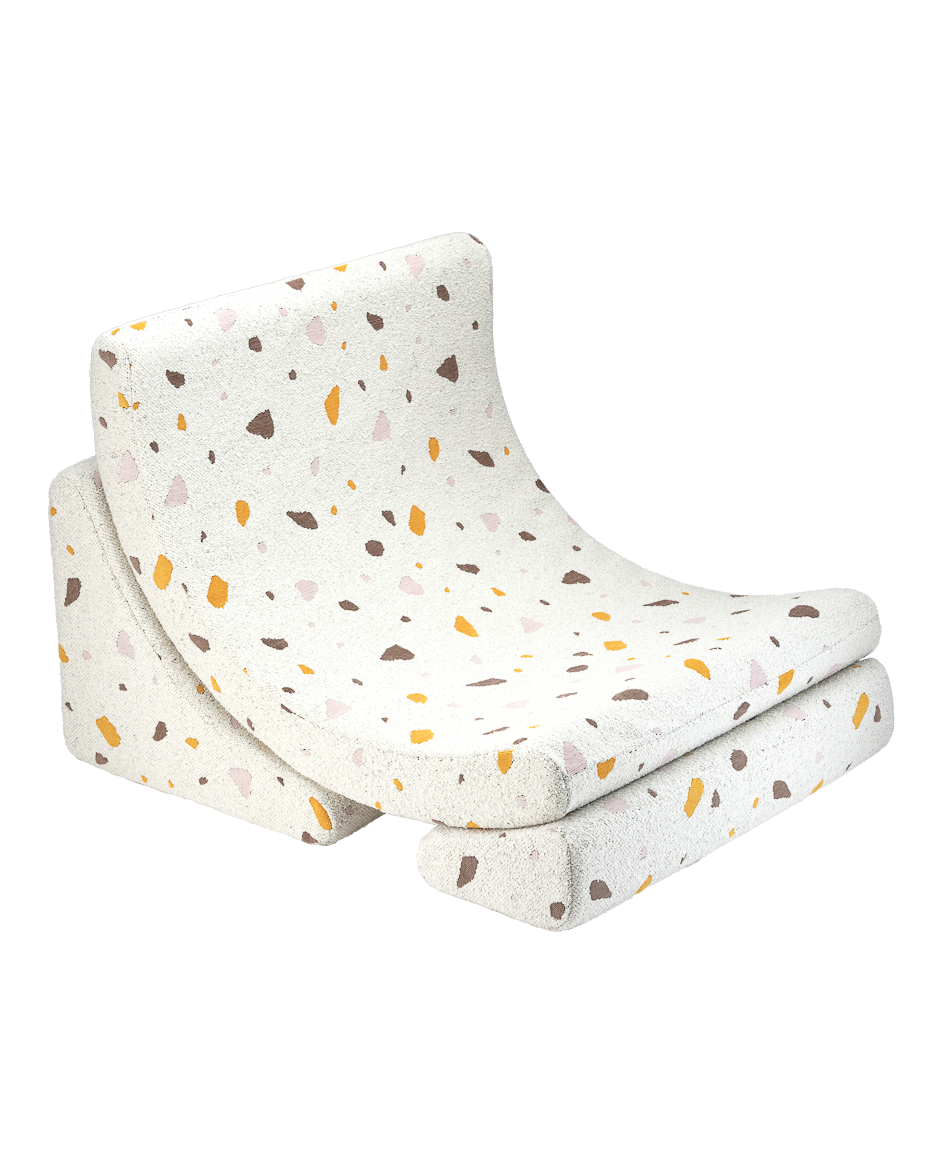 Olive terrazzo Moon Chair with orange and pink speckle pattern
