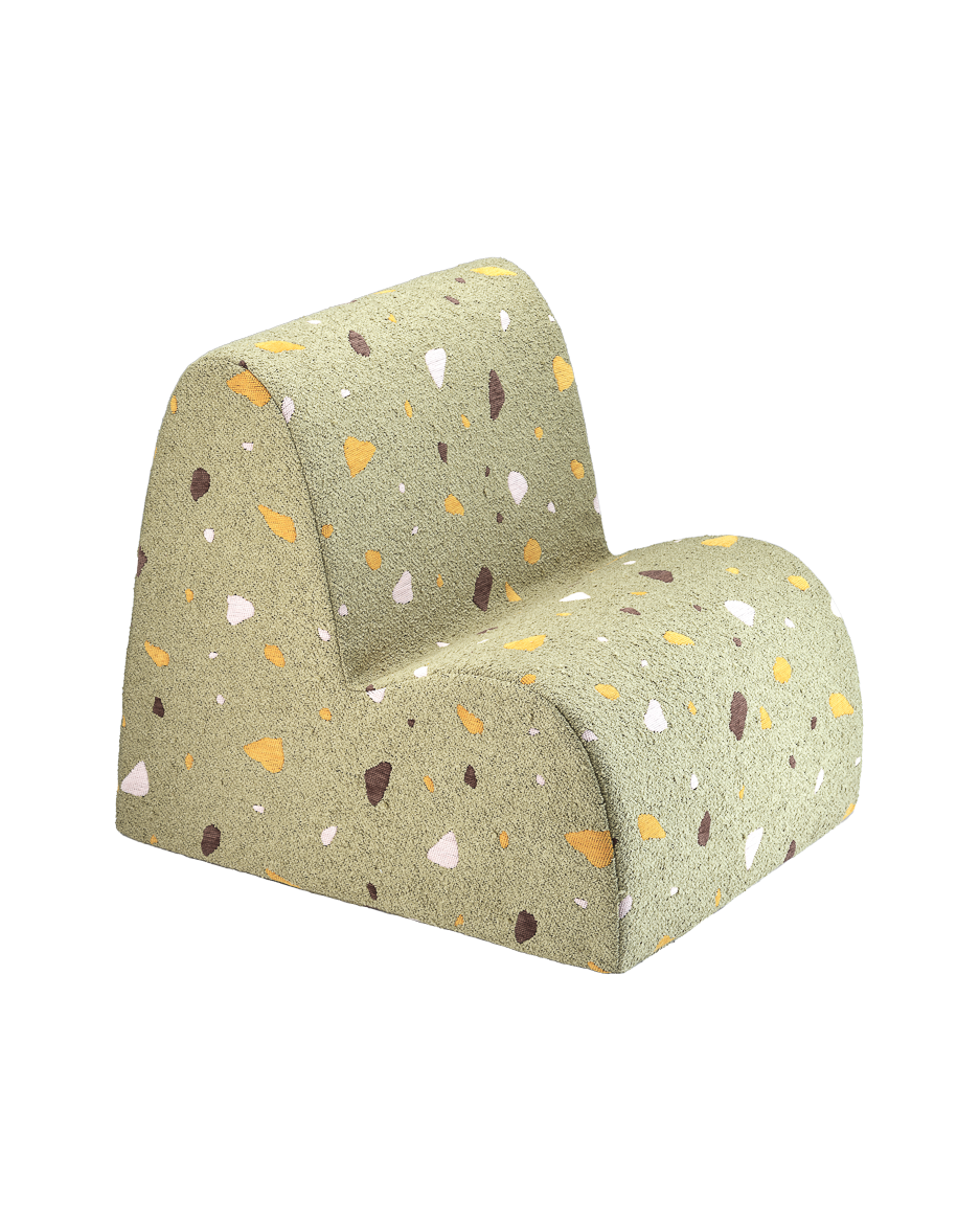 Sage green speckled chair, product studio angle, patterned design, Wigiwama