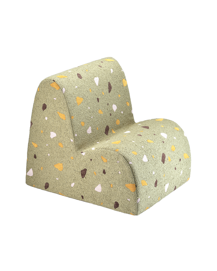 Sage green speckled chair, product studio angle, patterned design, Wigiwama