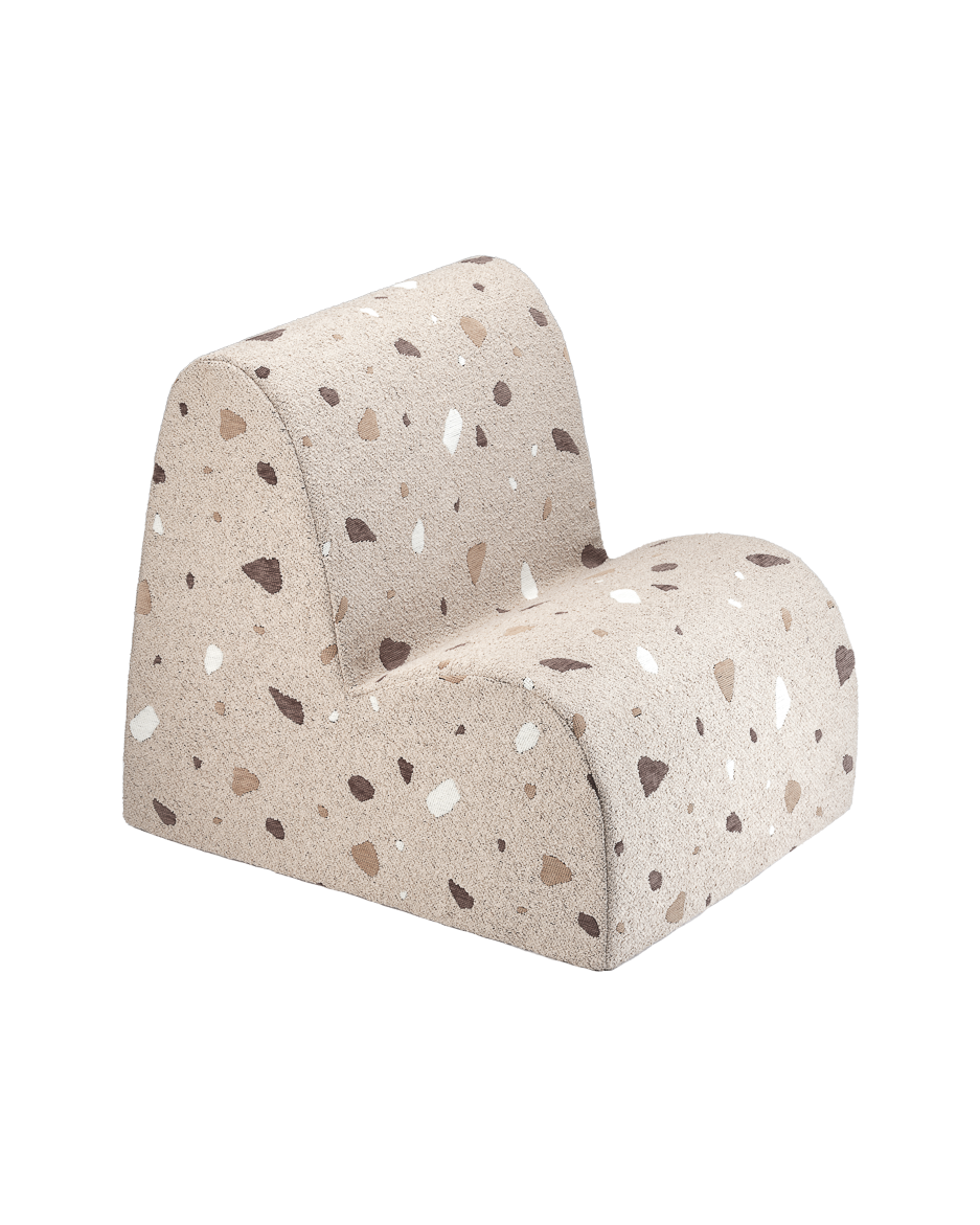 Neutral speckled boucle chair, mixed flecks, studio shot, Wigiwama Cloud Chair
