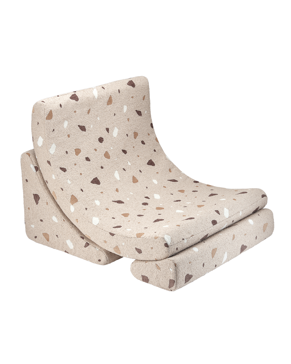 Tan corduroy ribbed Moon Chair with footstool, flat white background