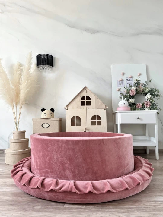 Monio for Kids Dirty Pink Velvet Round Ball Pit — lifestyle image in nursery setting