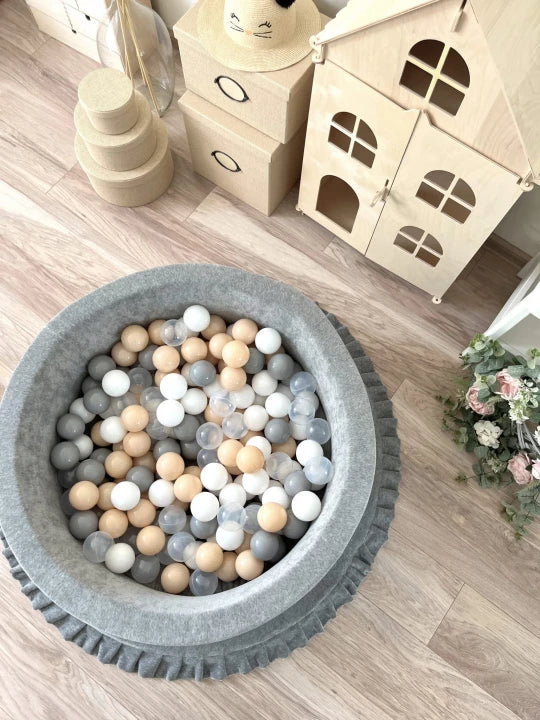 Monio for Kids Grey Velvet Round Ball Pit — product detail showing grey velvet texture