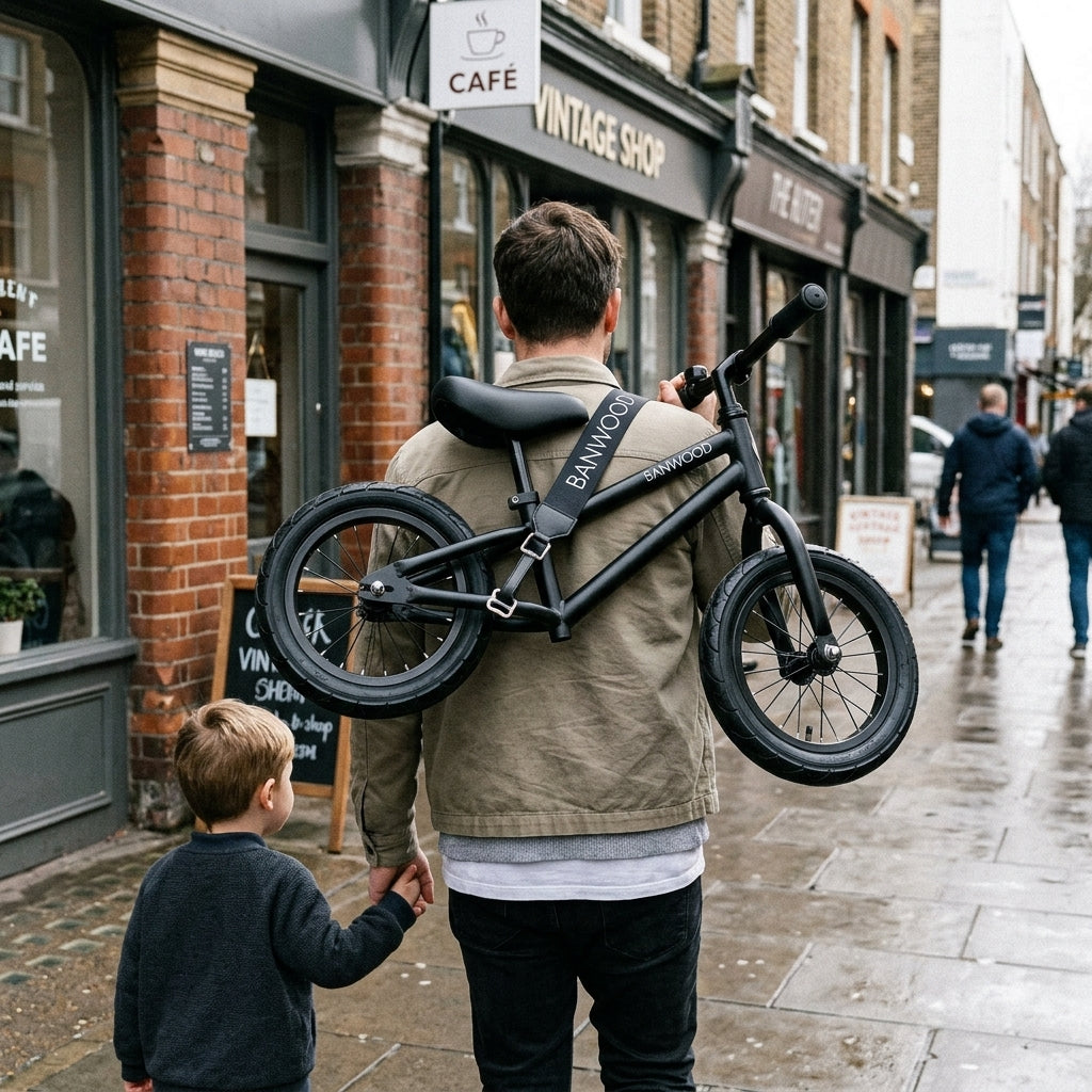 Parent carrying a black Banwood balance bike over their shoulder using the Banwood carry strap on a city street