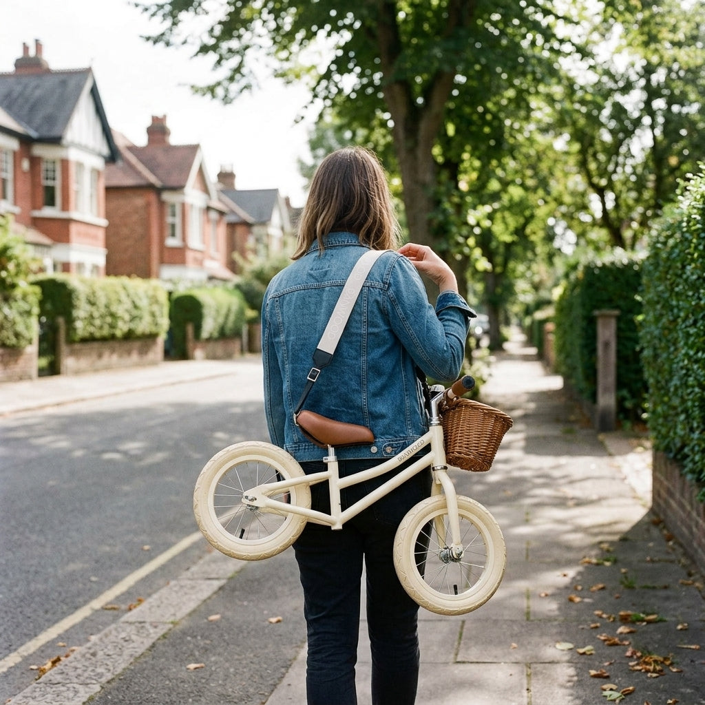 Parent carrying a cream Banwood balance bike over their shoulder using the Banwood carry strap on a residential street