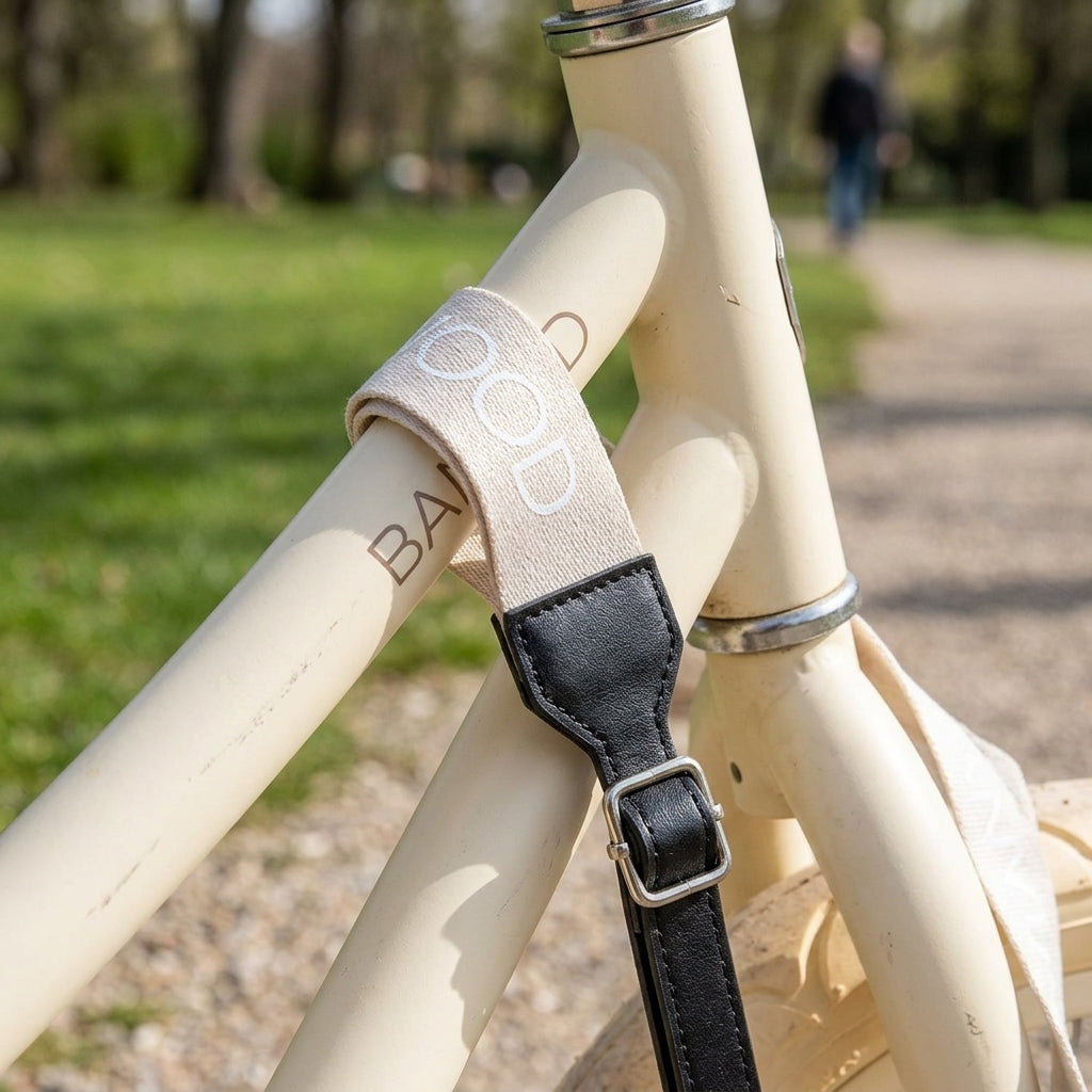 Close-up of the cream Banwood carry strap clip fastened to a balance bike frame in a park