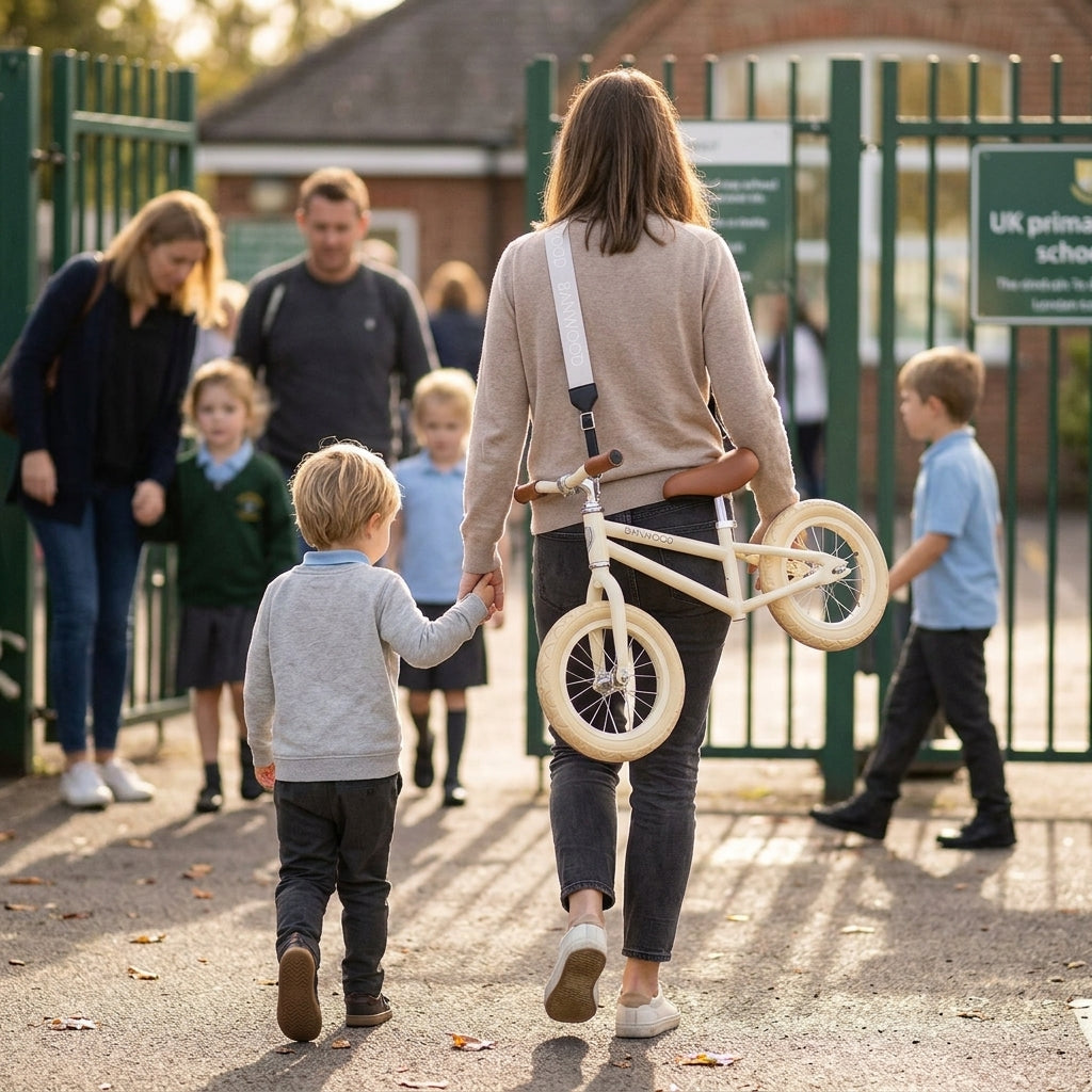 Parent walking a child through the school gate with a cream Banwood balance bike carried on the shoulder strap