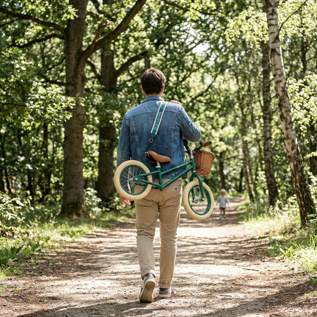 Parent carrying a green Banwood balance bike over their shoulder using the Banwood carry strap on a woodland path