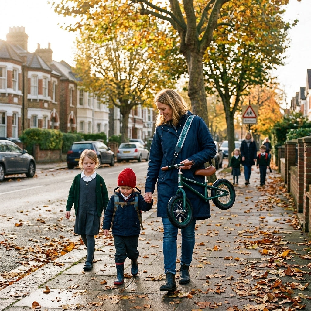 Parent walking children to school with a green Banwood balance bike carried on the shoulder strap