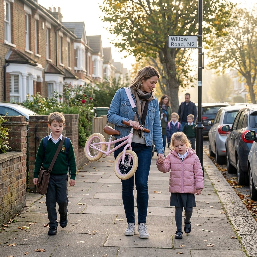 Parent on the school run carrying a pink Banwood balance bike on the shoulder strap
