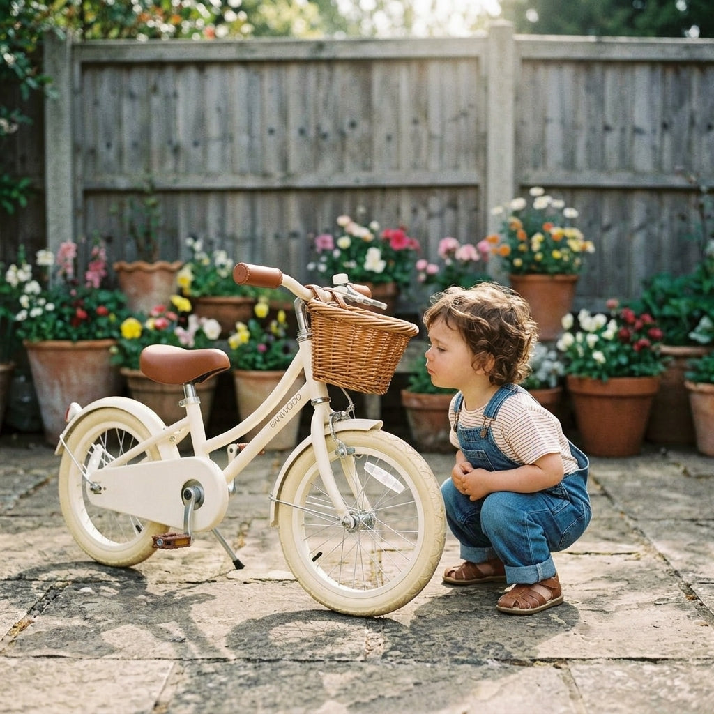 Child beside the cream Banwood Classic Bicycle on a garden patio