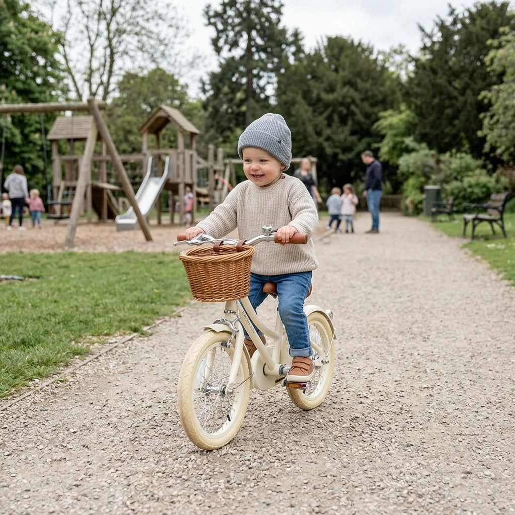 Child riding the cream Banwood Classic Bicycle along a park path