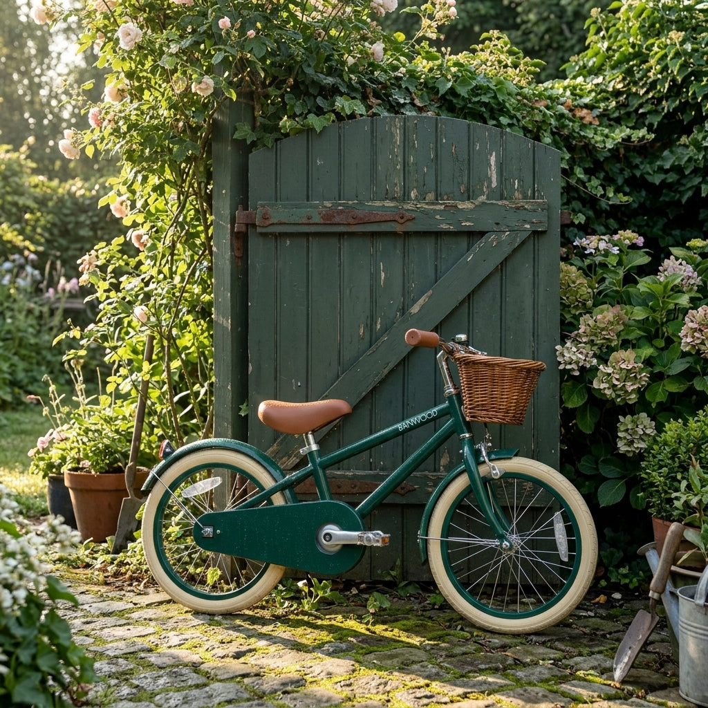 Green Banwood Classic Bicycle styled against a garden gate showing its vintage Scandinavian design